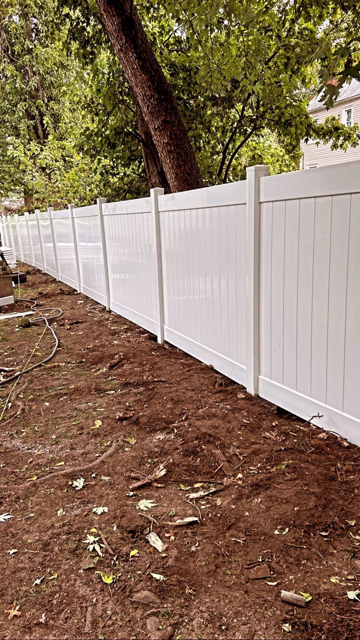 A white vinyl privacy fence lines the edge of a dirt yard with trees in the background.
