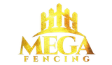 Gold logo for Mega Fencing featuring a stylized fence silhouette above the text "MEGA FENCING."