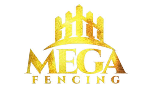 Gold logo for Mega Fencing featuring a stylized fence silhouette above the text "MEGA FENCING."