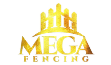 Gold logo for Mega Fencing featuring a stylized fence silhouette above the text "MEGA FENCING."