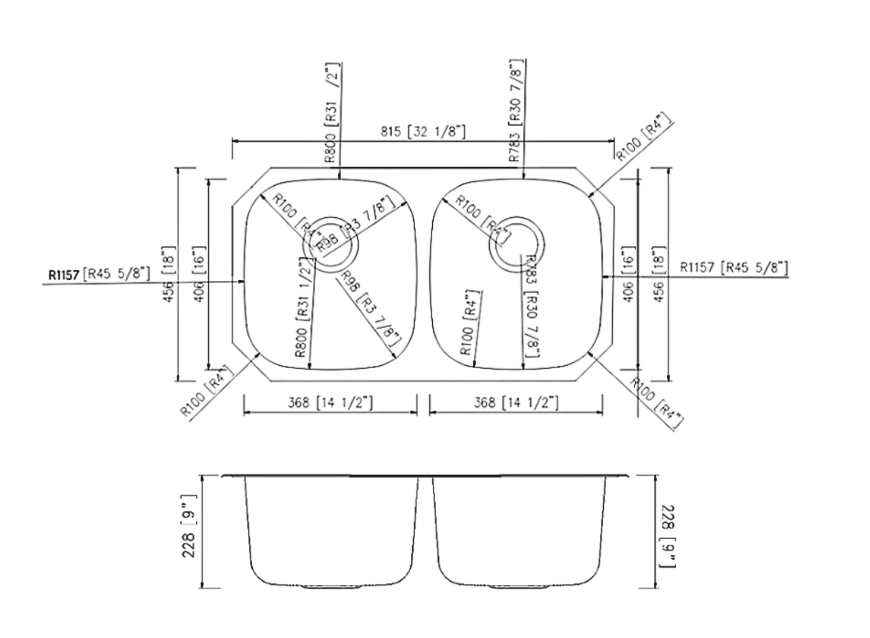 A black and white drawing of a kitchen sink with measurements