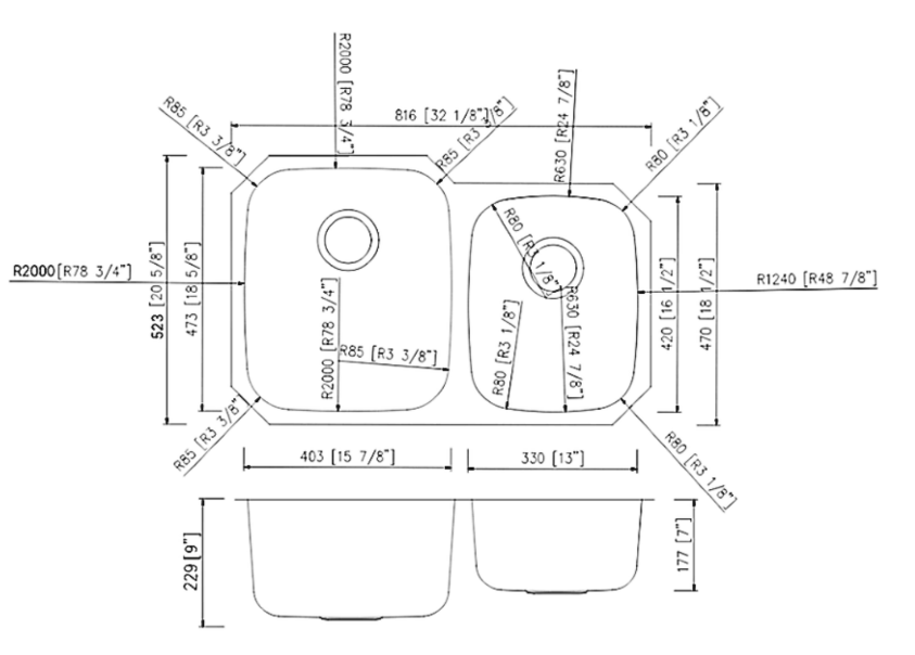 A black and white drawing of a kitchen sink with measurements.