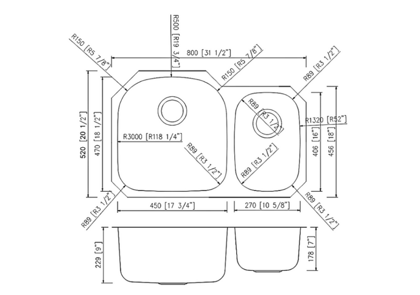 A black and white drawing of a kitchen sink with measurements