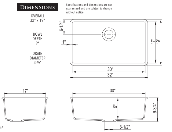 A black and white drawing of a kitchen sink with dimensions