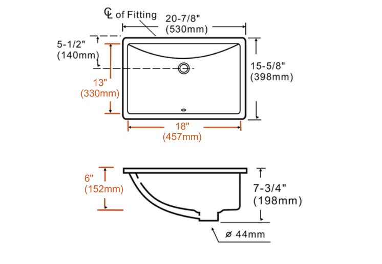 A drawing of a bathroom sink with measurements