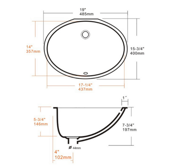 A black and white drawing of an oval sink with measurements.