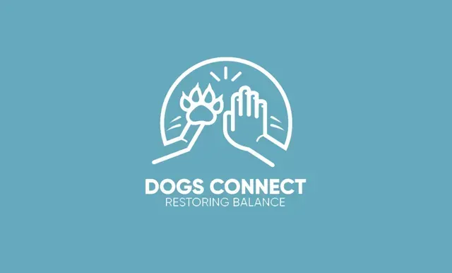 White outline of dog paw high-fiving a human hand, blue background. Text reads 
