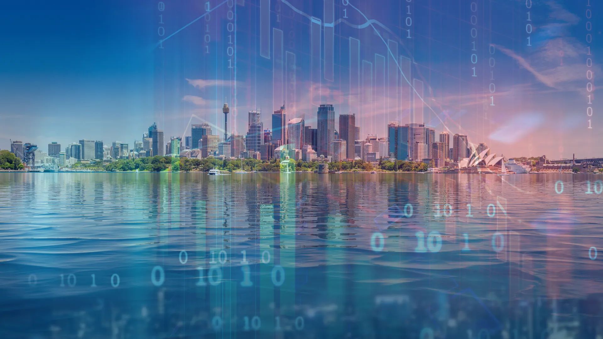 A digital overlay of binary code and data graphs floats over a skyline of a city reflected in calm, dark water.