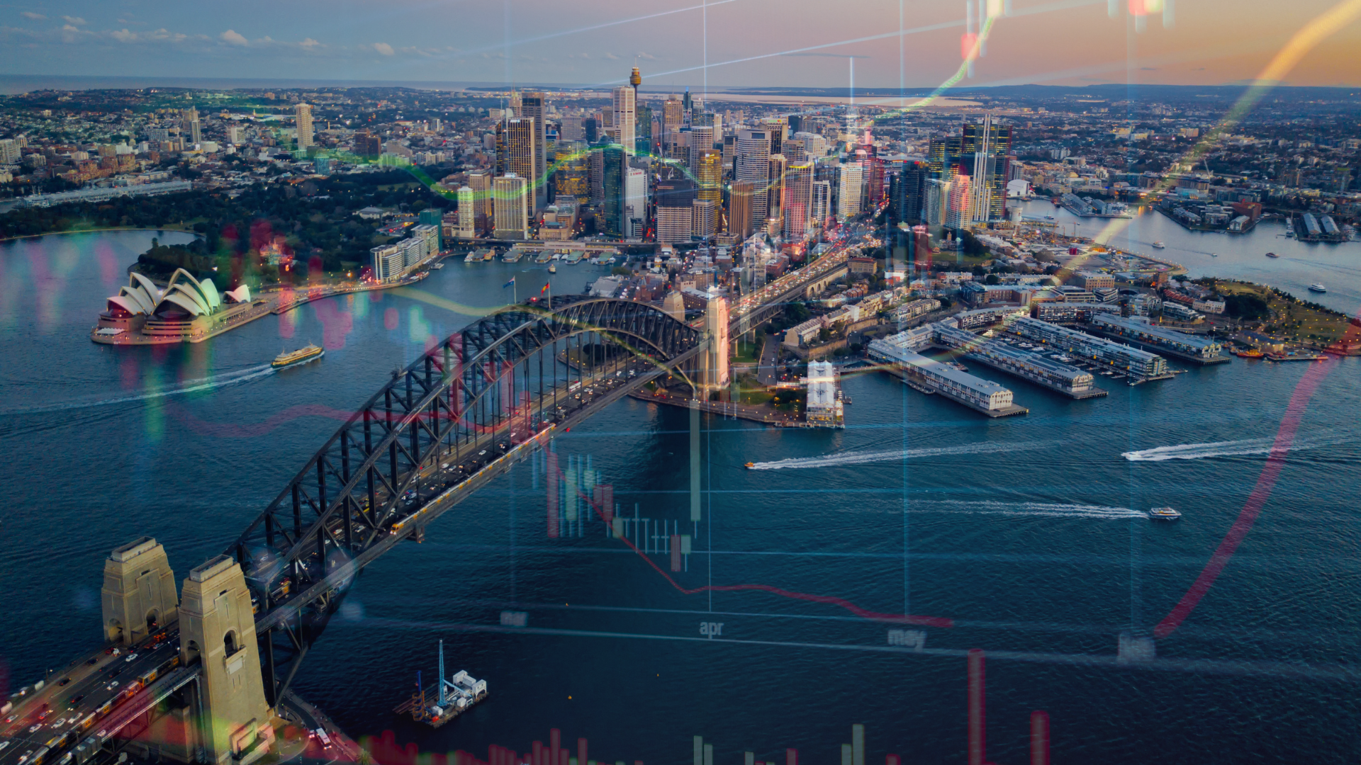 Aerial view of Sydney Harbour Bridge and downtown skyline at dusk, with boats on the harbor.