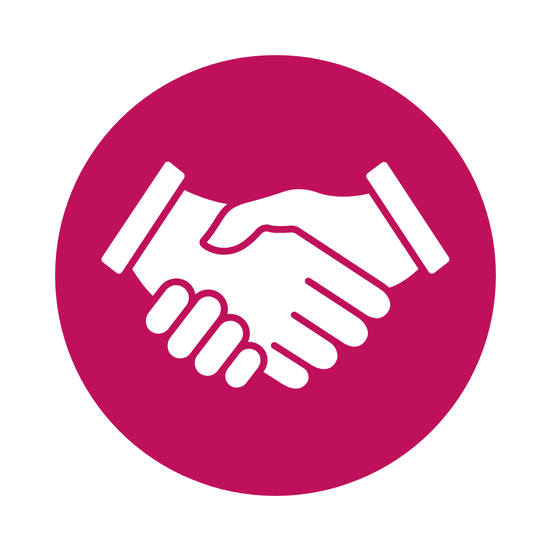 Two hands shaking, white on a magenta circle. Represents agreement or partnership.