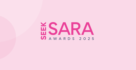 Pink background with white text: SEEK SARA AWARDS 2023.
