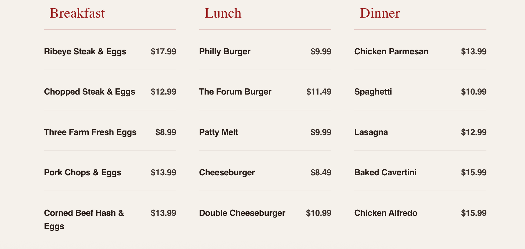 Three-column breakfast, lunch, and dinner menu with item names and prices.