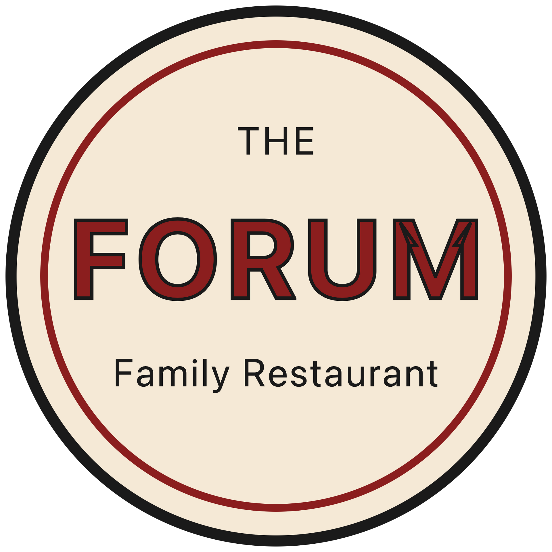The Forum Family Restaurant logo in cream, red, and black inside a circular emblem