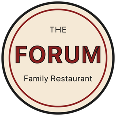 The Forum Family Restaurant logo in cream, red, and black inside a circular emblem