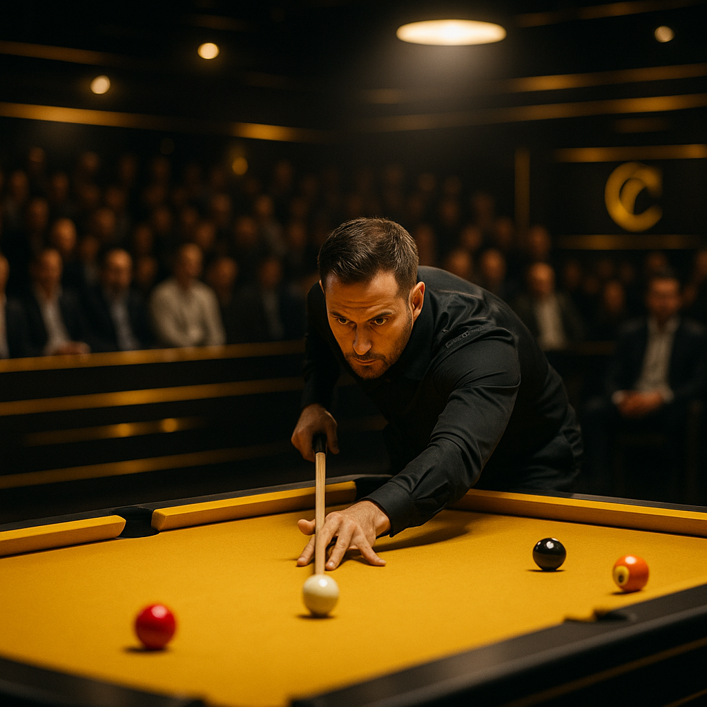 Pool player aiming shot on yellow Rasson table at CUE SOCIETY Phuket Town