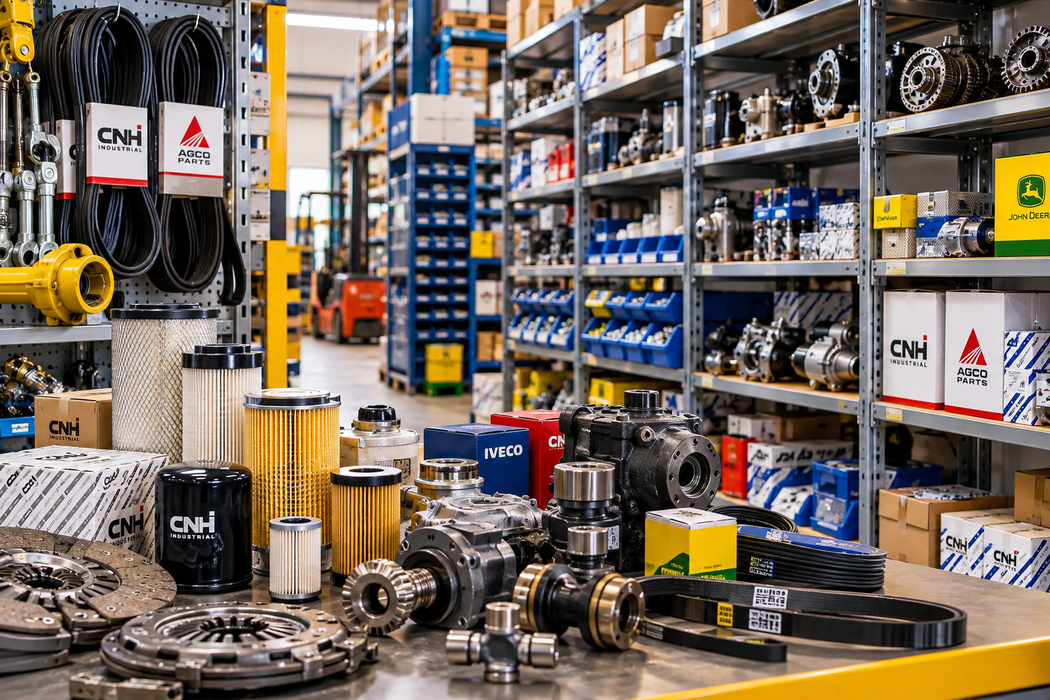 Corridoio di un magazzino industriale con scaffali pieni di pezzi di ricambio, utensili e componenti di macchinari in esposizione.