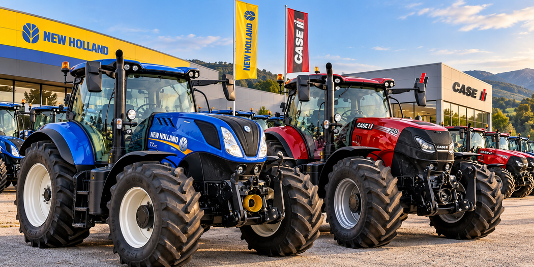 Trattori blu e rossi in mostra a una fiera all'aperto di macchine agricole.