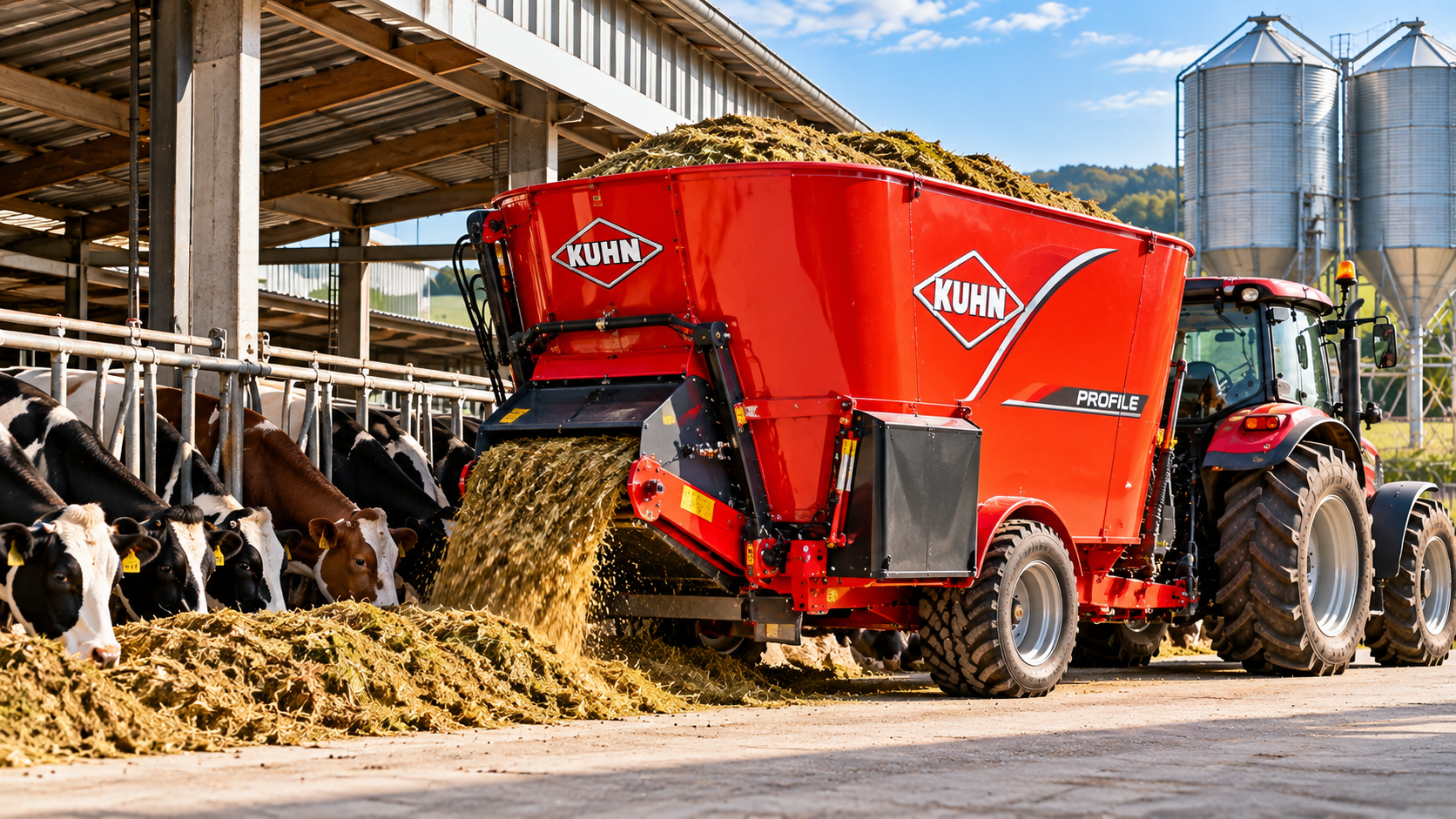 Una betoniera rossa scarica il fieno in un fienile accanto a mucche e silos.