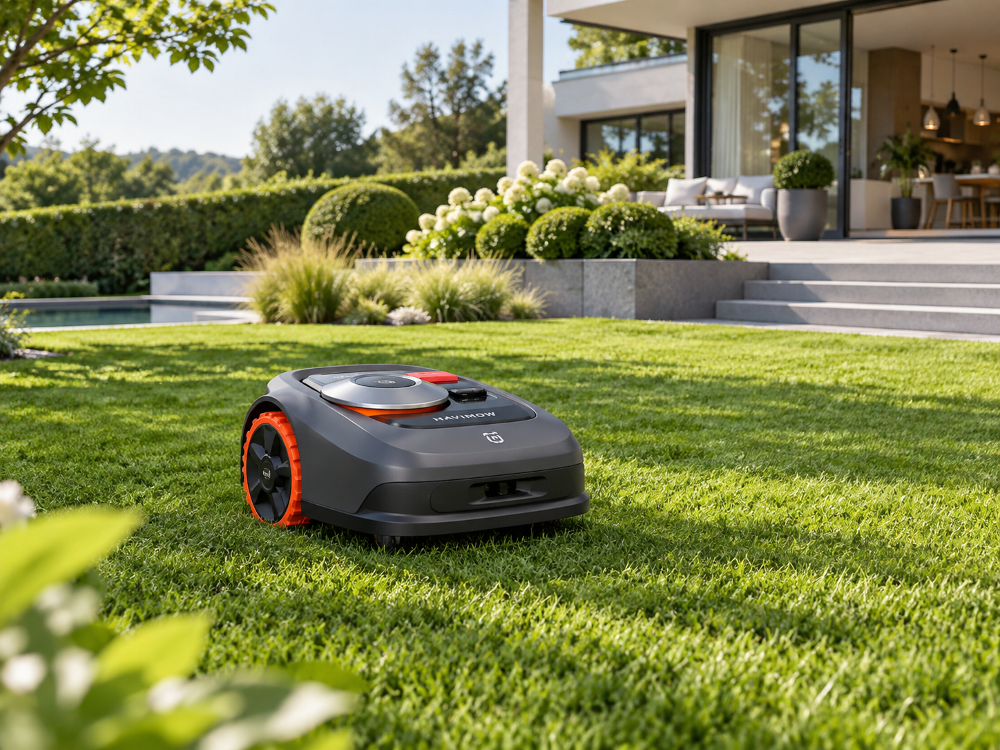 Un robot tagliaerba su un prato verde accanto a una casa moderna con piscina in giardino.