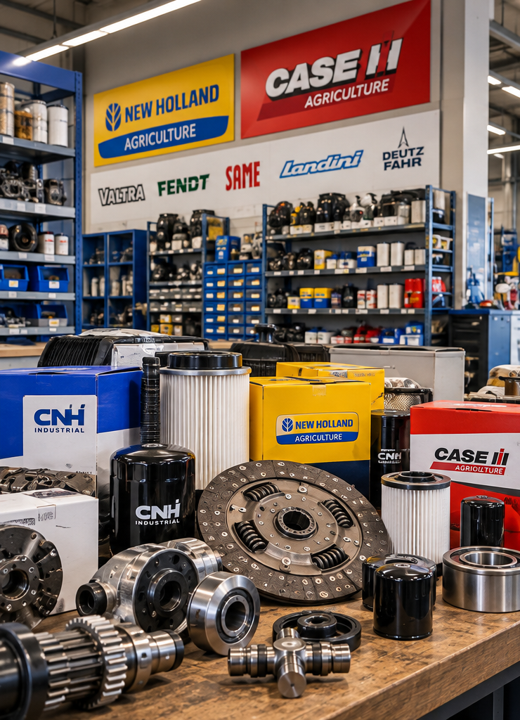 Espositore di ricambi auto in un magazzino, con i marchi CASE IH, New Holland e CNH su scaffali e scatole.