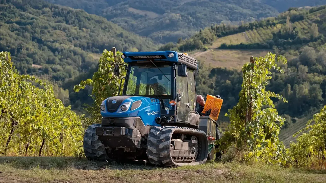 Trattore blu al lavoro in un vigneto con le montagne sullo sfondo.