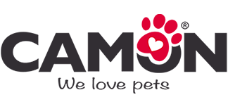 Logo per Camon, azienda di articoli per animali domestici. Testo nero con impronta di zampa rossa e cuore.
