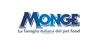 Logo per Monge pet food: testo blu su sfondo bianco. Il testo recita