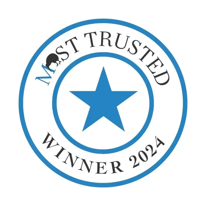 Blue “Most Trusted Winner 2024” seal with a star in the center