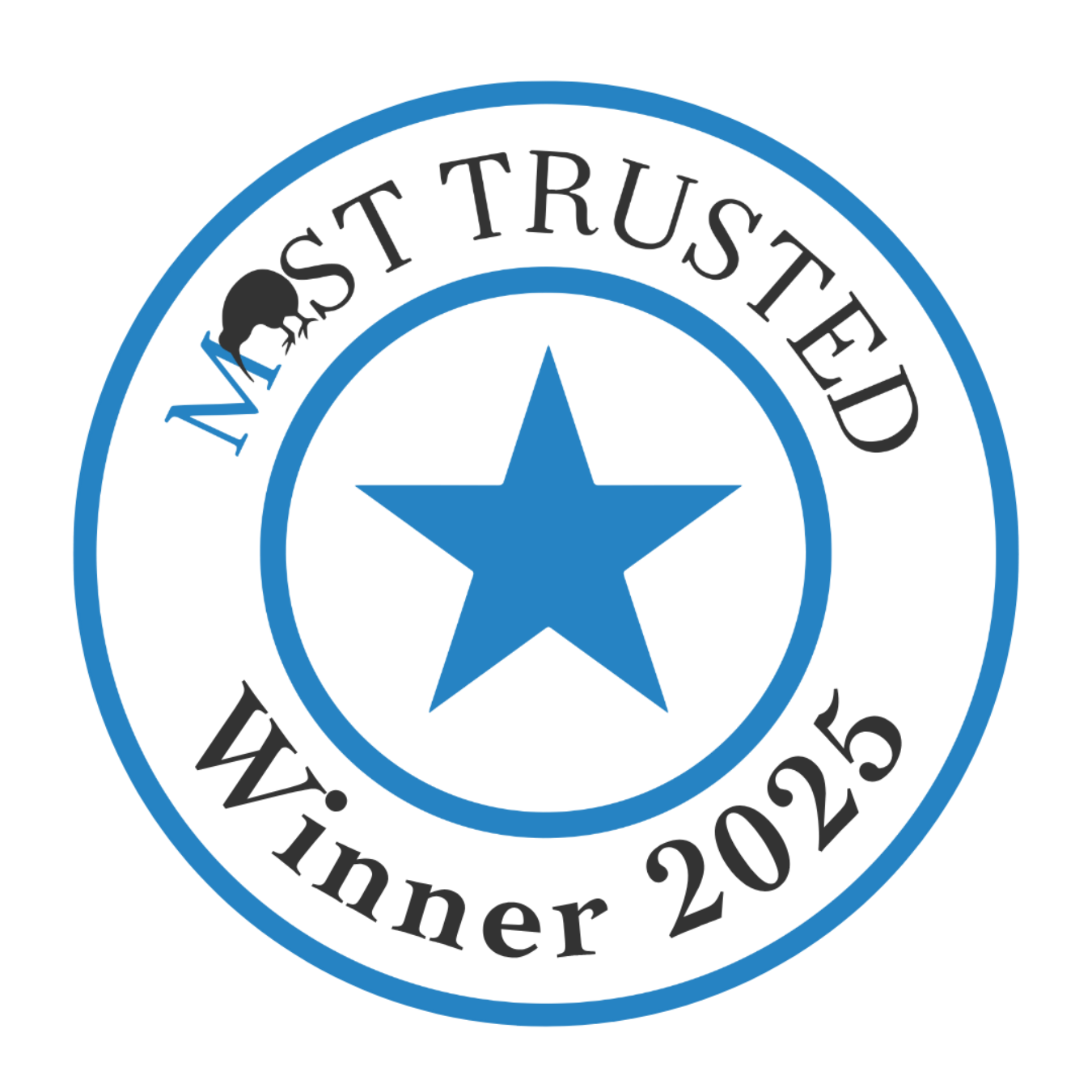 Blue “Most Trusted Winner 2025” seal with a blue star in the center and a black bear silhouette on top.
