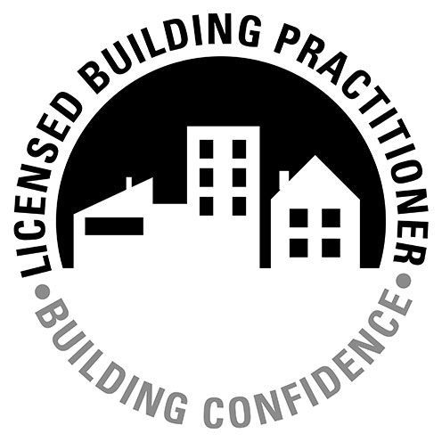 a black and white logo for a licensed building practitioner building confidence.