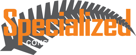 a logo for specialized construction is shown in orange and gray