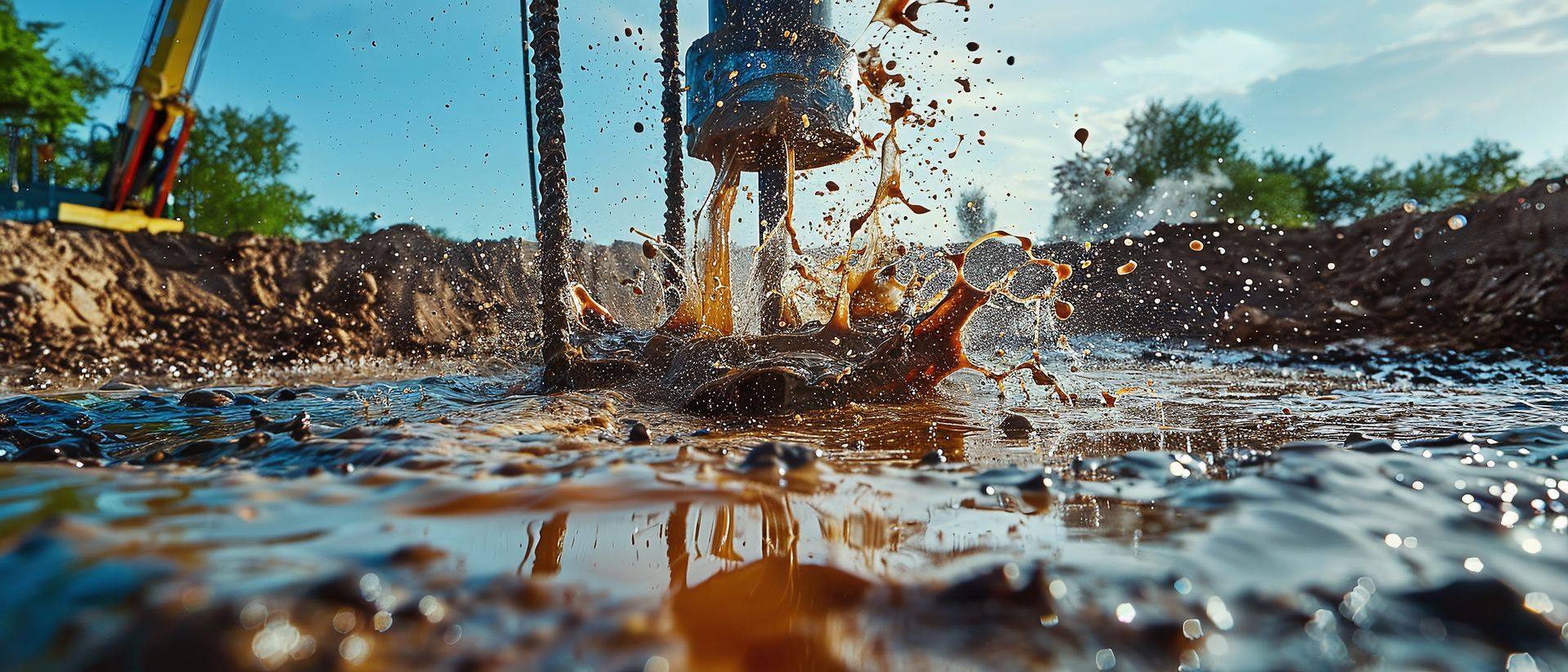 View of a drill rig drilling on the ground for a water well, and water and mud splattering.