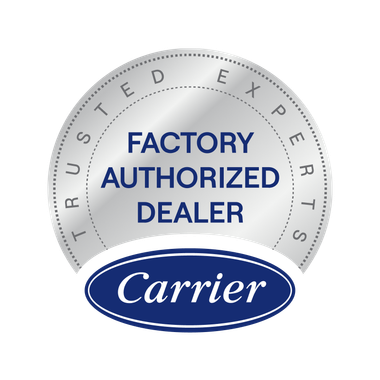 Carrier Factory Authorized Dealer badge in silver, blue, and white with circular Trusted Experts seal