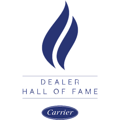 Carrier Dealer Hall of Fame logo with blue flame icon and text on white background