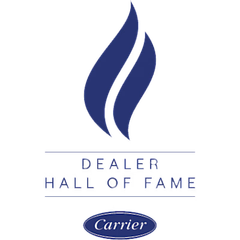 Carrier Dealer Hall of Fame logo with blue flame icon and text on white background