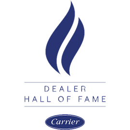 Carrier Dealer Hall of Fame logo with blue flame icon and text on white background