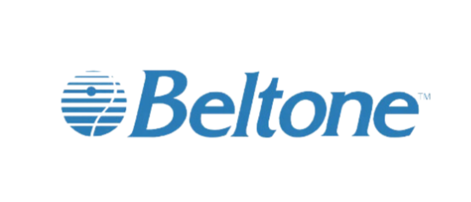 Beltone logo in blue with a stylized striped circle icon on a white background