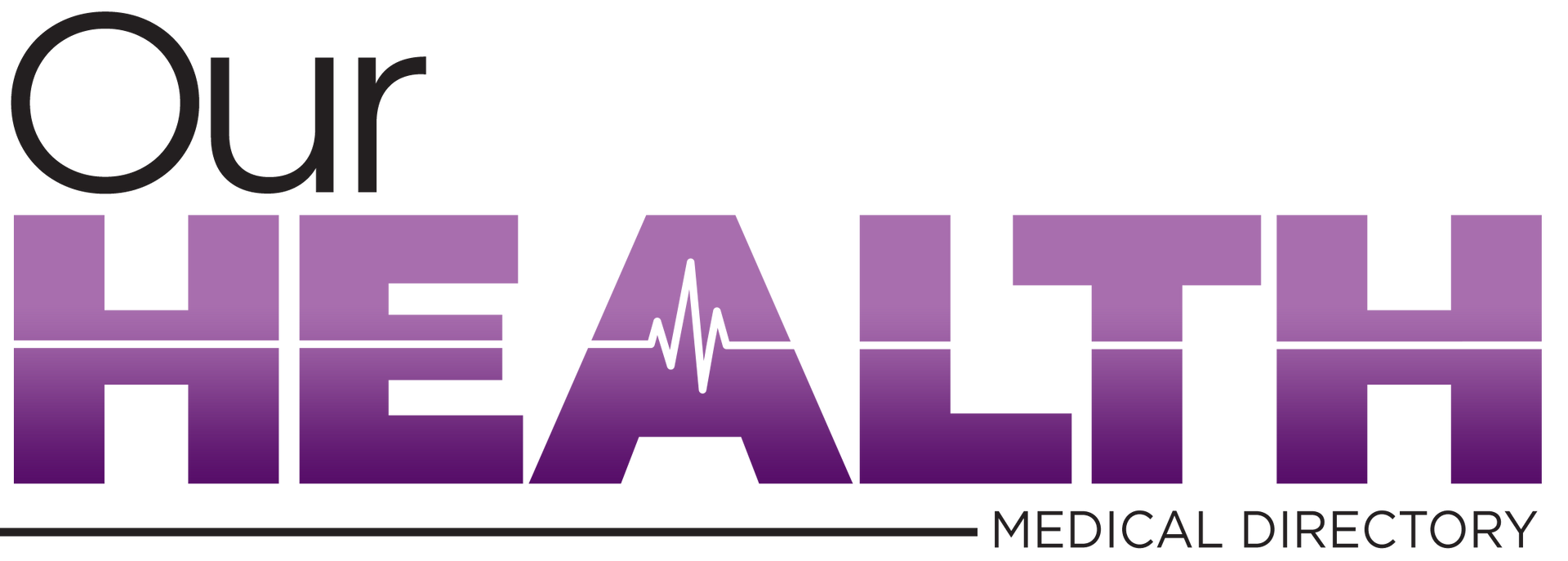 Our Health Medical Directory logo in black and purple text with a heartbeat line in the “A”
