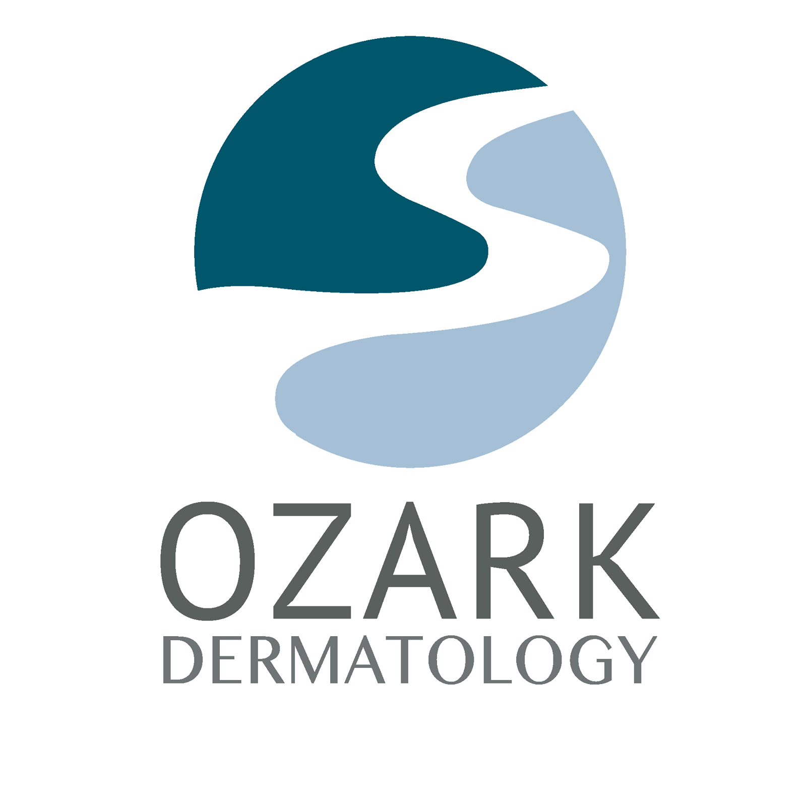 Ozark Dermatology logo with teal and light blue abstract emblem above gray text