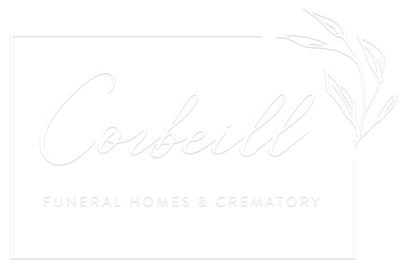 Corbeill Funeral Homes & Crematory logo with cursive text, and floral elements.