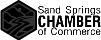 Sand Springs Chamber of Commerce logo in black and gray with stylized hexagon emblem