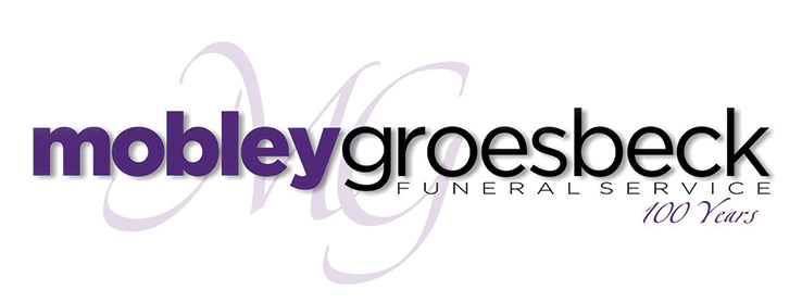 Mobley Groesbeck Funeral Service logo with purple and black text, 100 years anniversary mark