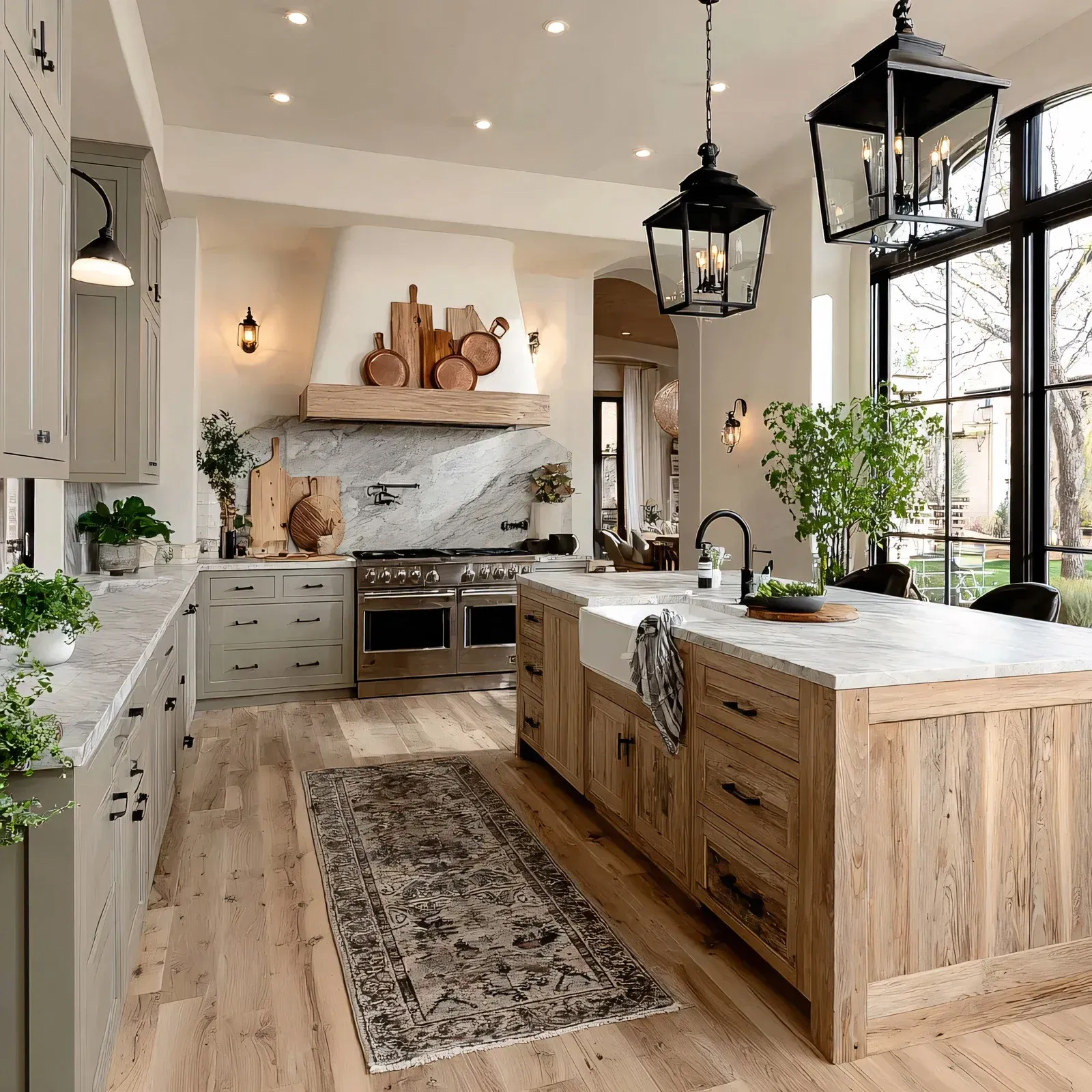 Spacious kitchen with wood island, marble countertops, stainless steel appliances, and large windows.