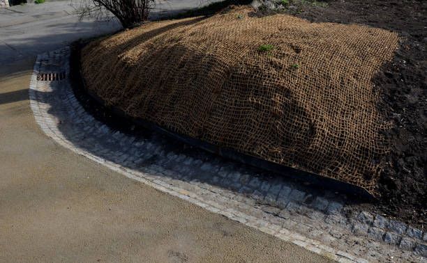A large pile of dirt is sitting on the side of a road next to a curb.