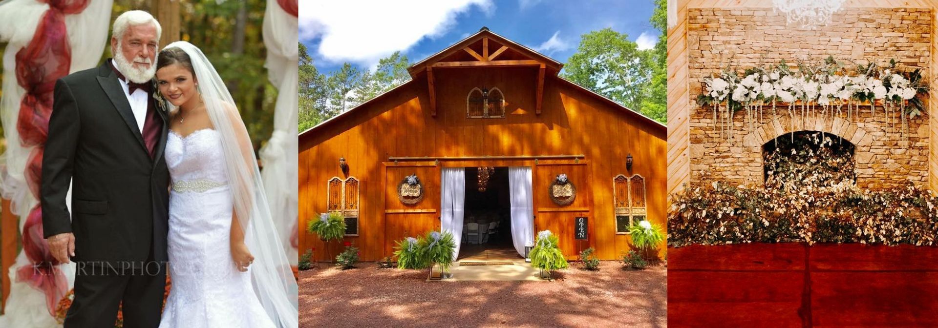 Wedding collage of a bride and groom, a rustic wooden chapel, and a decorated floral table in warm tones