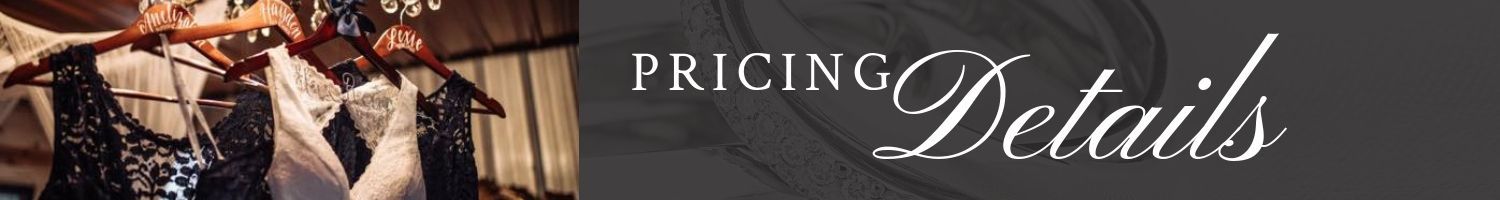 Pricing details banner with a mannequin in a boutique and elegant script text on a dark background