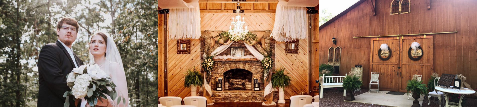 Wedding venue collage with a bride and groom, floral arch, candlelit tables, and a rustic reception hall