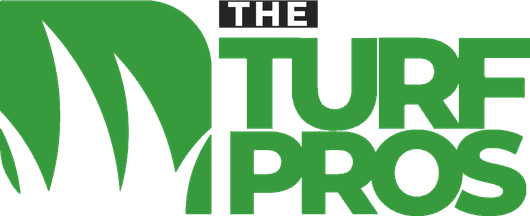 The Turf Pros logo with a green grass blade design and green text. A black rectangle reads "THE".