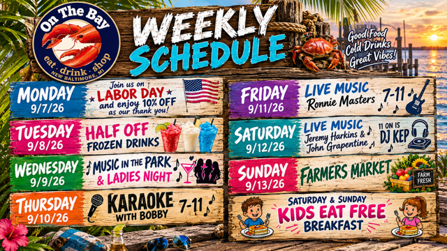 Weekly schedule flyer with colorful daily event listings for Monday through Sunday, including live music, karaoke, and kids breakfast