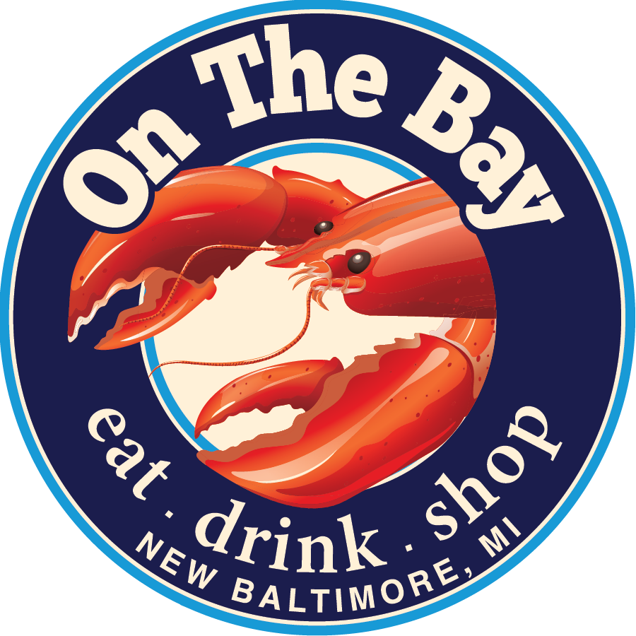 Logo for On The Bay seafood restaurant: lobster illustration, blue and white text, 